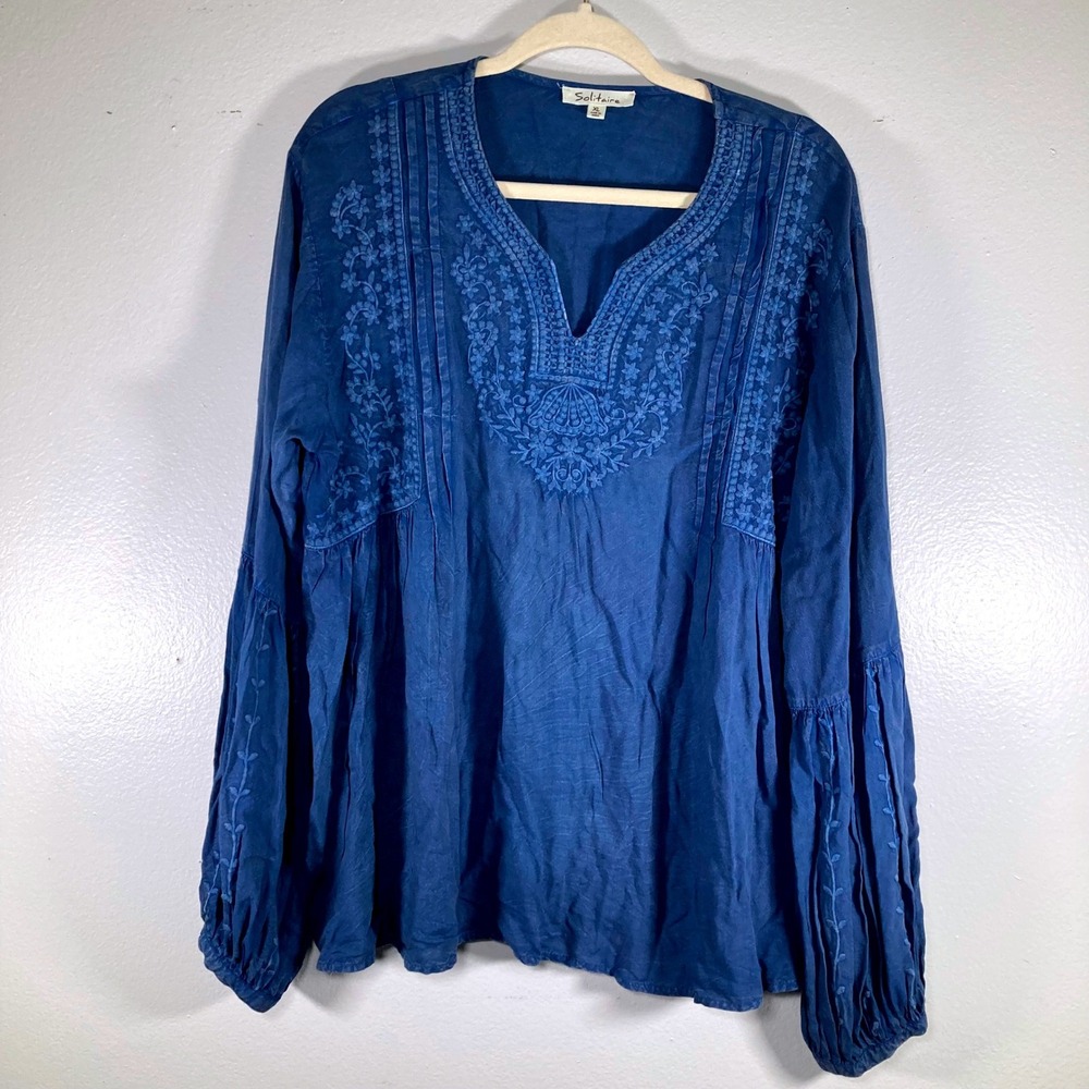 Solitaire Blue Embroidered Peasant Blouse XL Boho V-Neck Balloon Sleeve Top